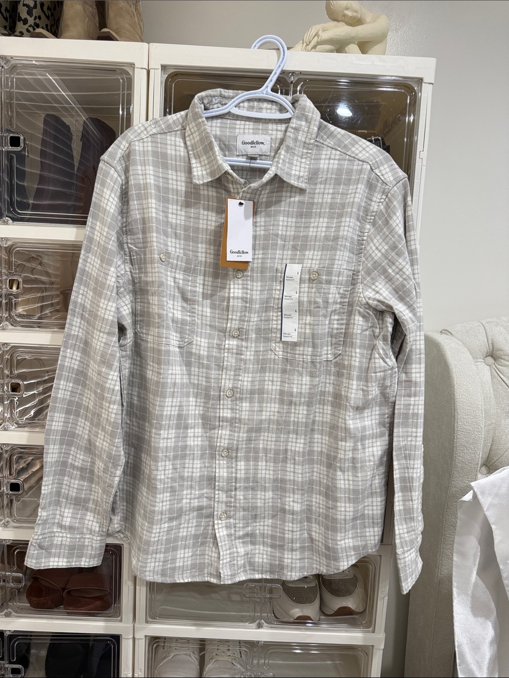 Goodfellow & Co Men's Light Beige and White Plaid Button-Down Shirt